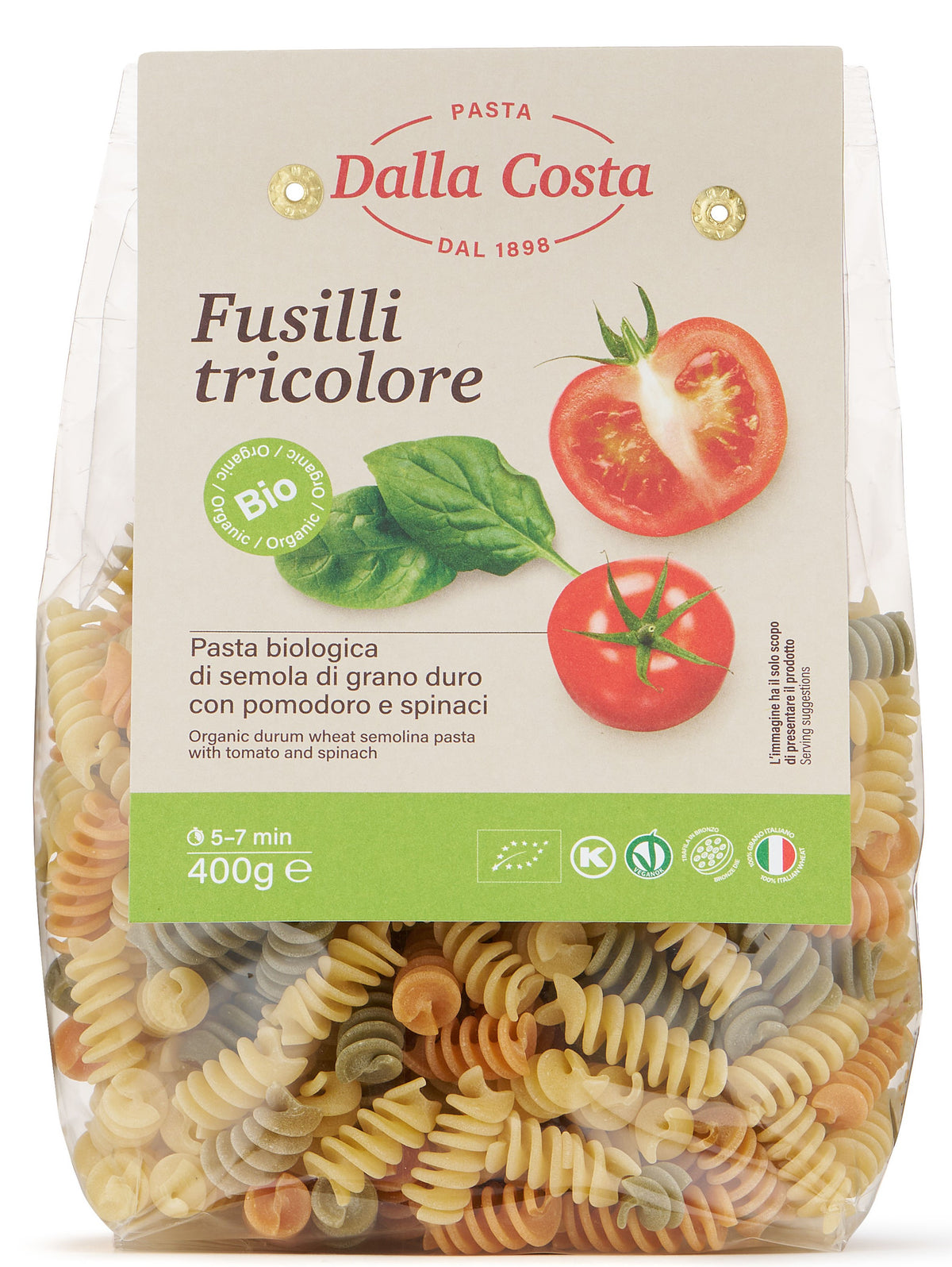 Organic PASTA tricolor durum wheat with tomato & spinach Fusilli 400g