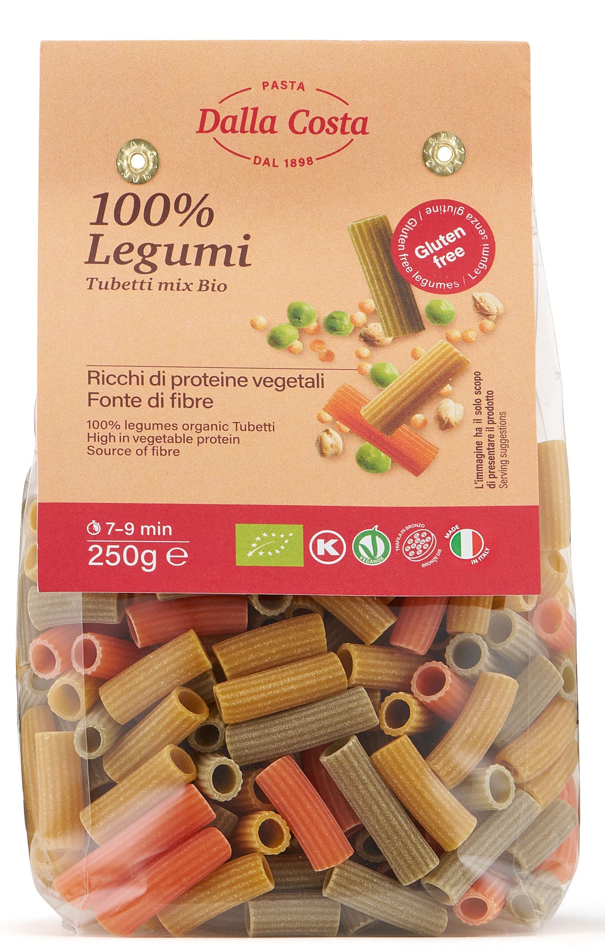 PASTA Gluten Free BIO PROTEIN 100%red lentil, green pea, chickpea Tubetti 250g