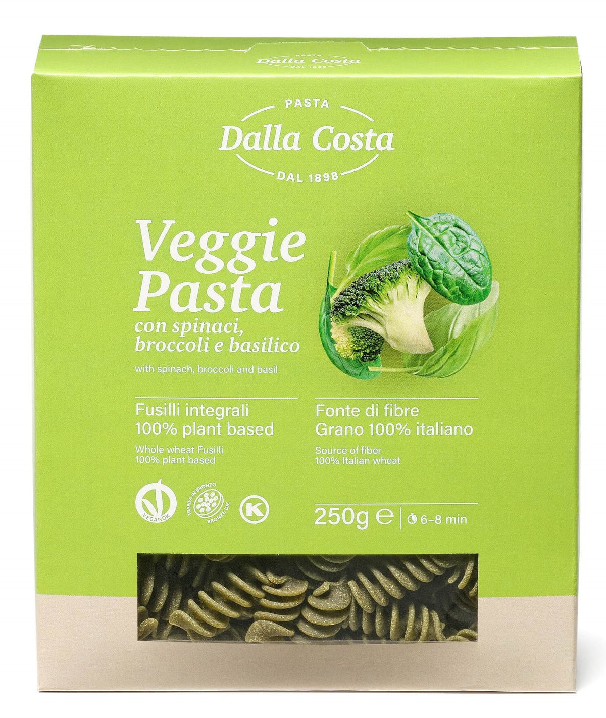 Dalla Costa PASTA whole durum wheat semolina with3 ingredients with Spinach, Broccoli & Basil Fusilli green 250g