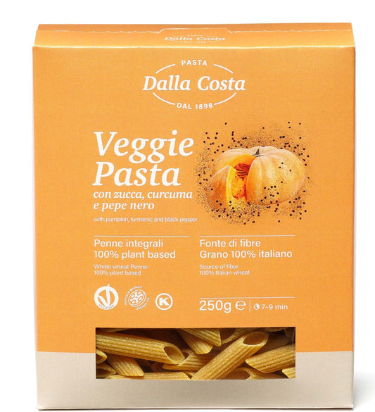 Dalla Costa PASTA whole durum wheat semolina with 3 ingredients:Pumpkin, Turmeric & Black pepper Penne orange 250g