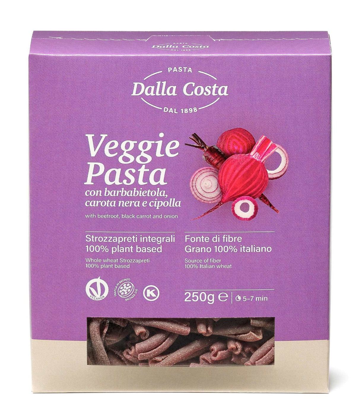 Dalla Costa PASTA whole durum wheat semolina with 3 ingredients:beetroot, purple carrot & onion Strozzapreti Purple 250g