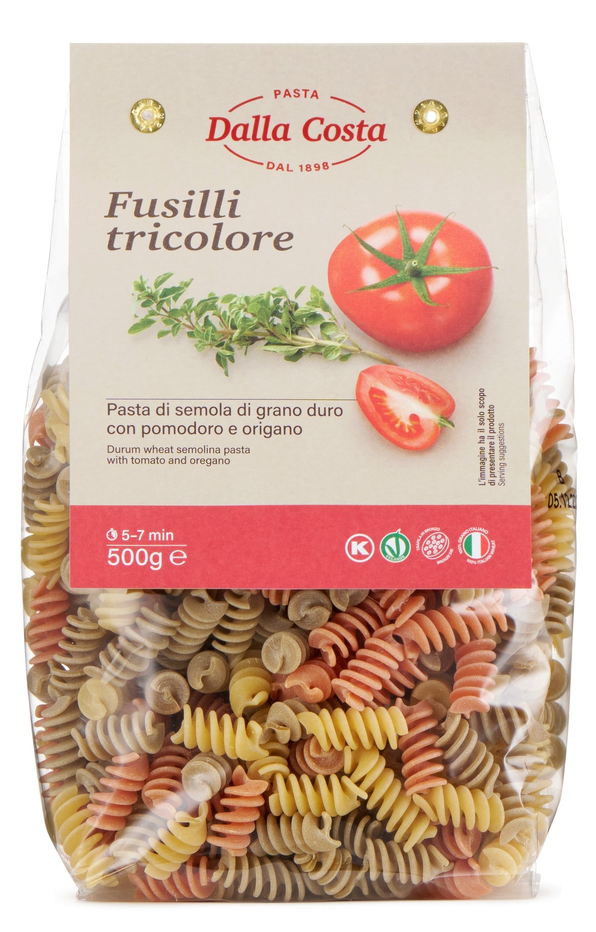 PASTA tricolor durum wheat with tomato & oregano Fusilli 500g