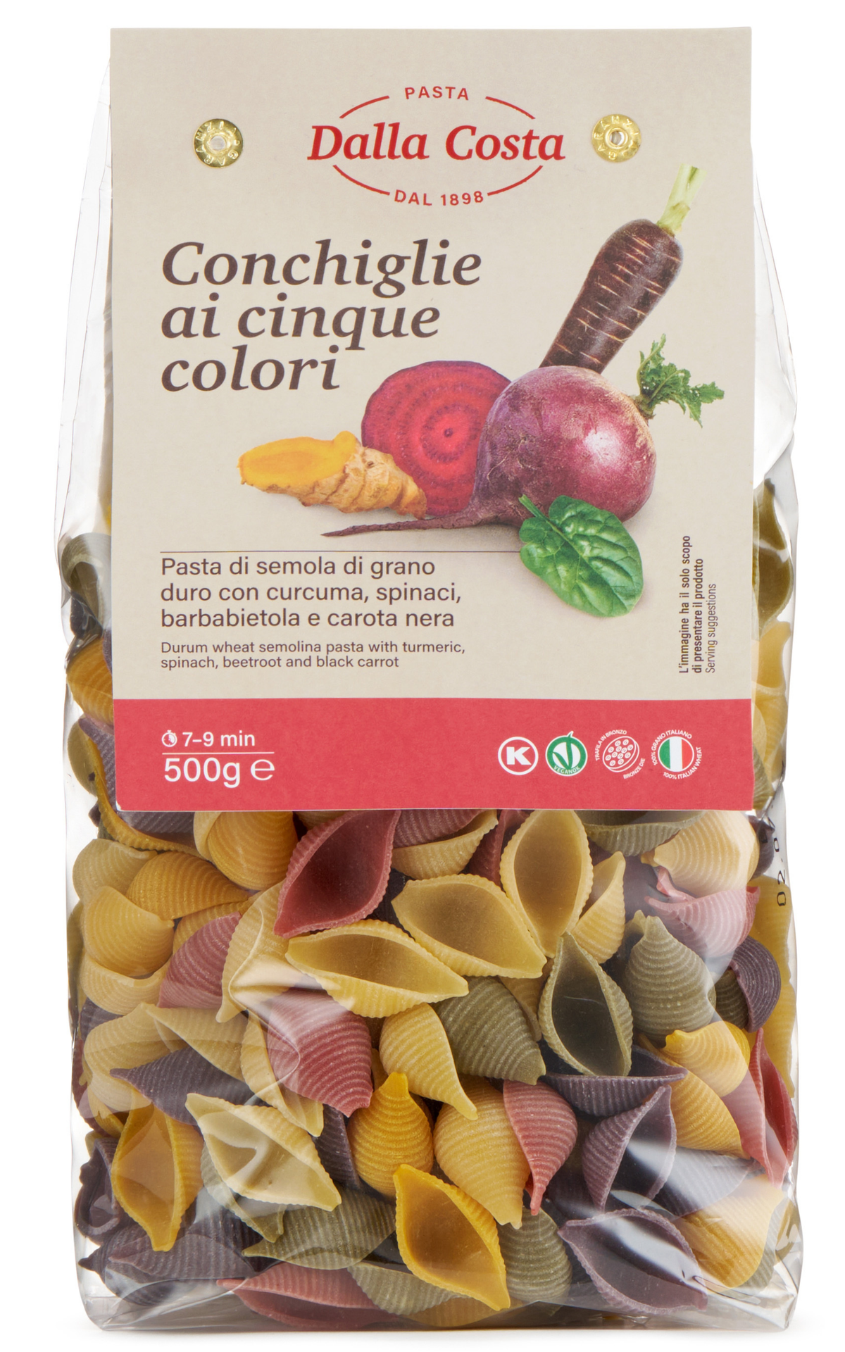 PASTA 5 colors durum wheat with spinach, beetroot, curcuma & black carrot Conchiglie 500g
